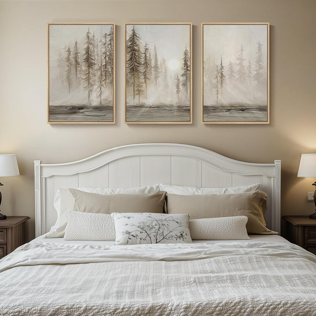 Framed Neutral Wall Art , Large 3 Piece Abstract Pastel Grunge Forest Landscape Tree Canvas Artwork Set, Modern Art