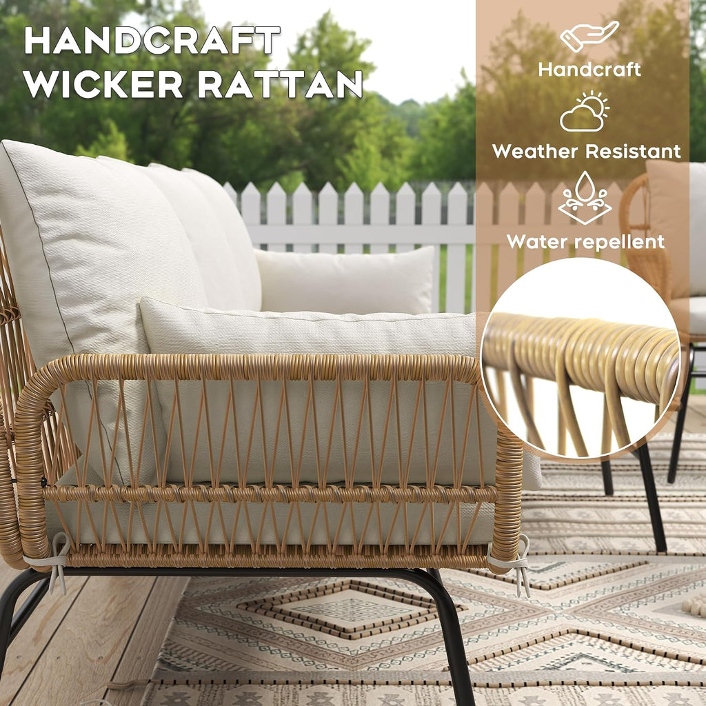 6-Piece Boho Outdoor Patio Furniture Set, L-Shaped Wicker Sectional Sofa with Ice Bucket Table & High Back, Sturdy