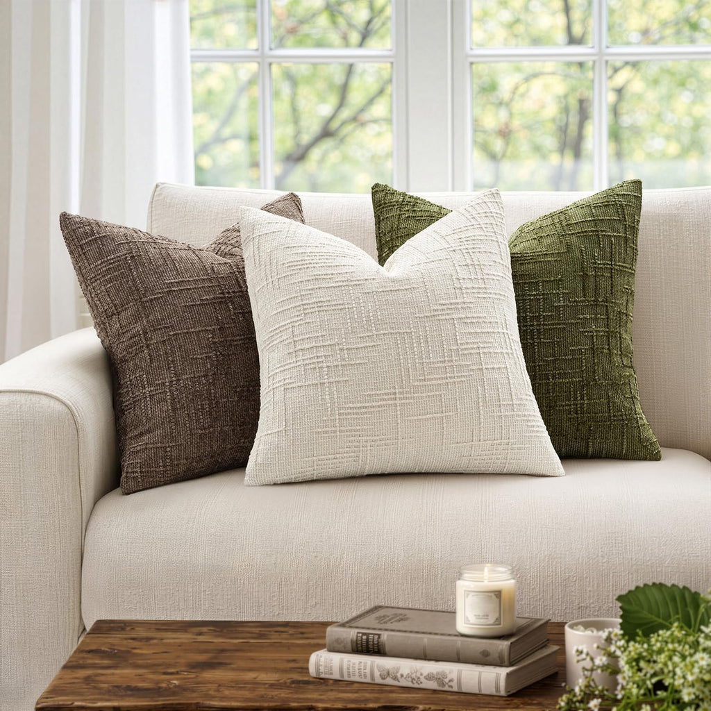 Textured Throw Pillow Covers Thick Chenille Decorative Pillows Cream White 18x18 Inch Set of 2 Modern Boho Farmhouse