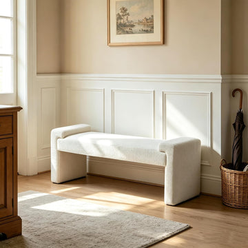 Upholstered Entryway Bench, 43" Modern Bedroom Bench, White | Sherpa Fleece, Curved Armrests, Solid Wood Frame, End