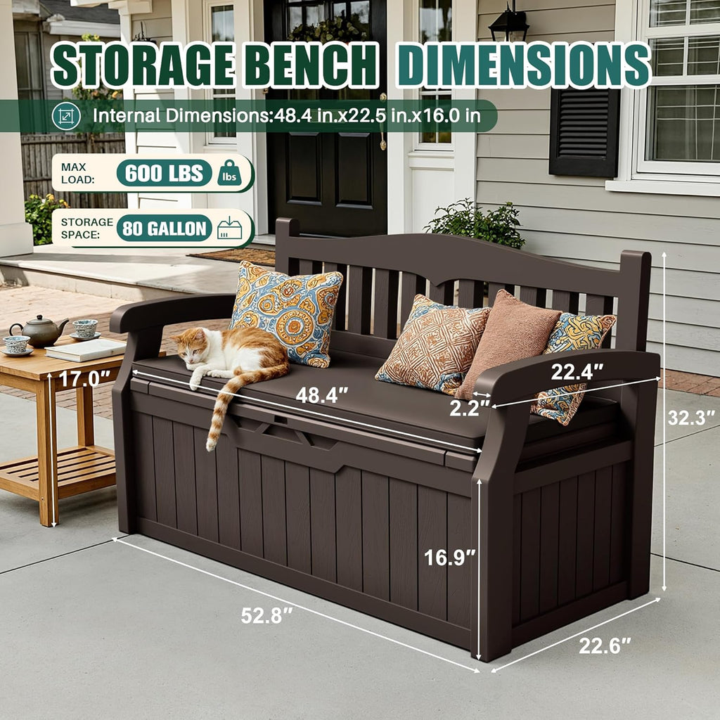 80 Gallon Storage Bench with Cushion, Deck Box Waterproof&Lockable | Outdoor Benches Furniture, Garden Decor and