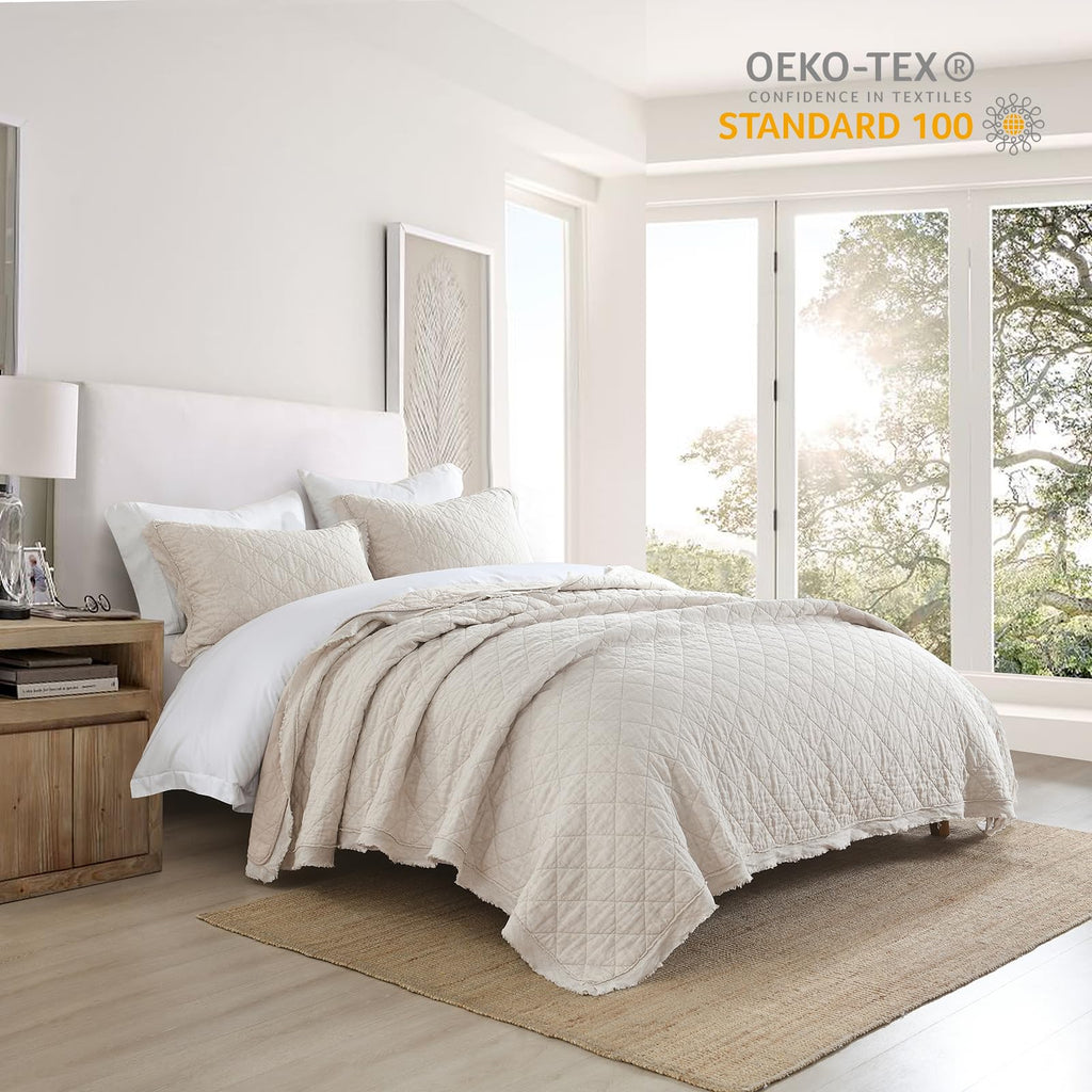 100% Linen Front/100% Cotton Back Quilt Set, Pre-Washed Flaxen Bedspread Coverlet Set, Diamond Stitch