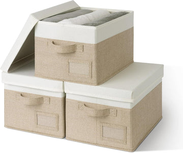 Storage Basket with Lid, Linen Fabric Storage Bins with Label, Decorative Storage Boxes, Clothes Storage and
