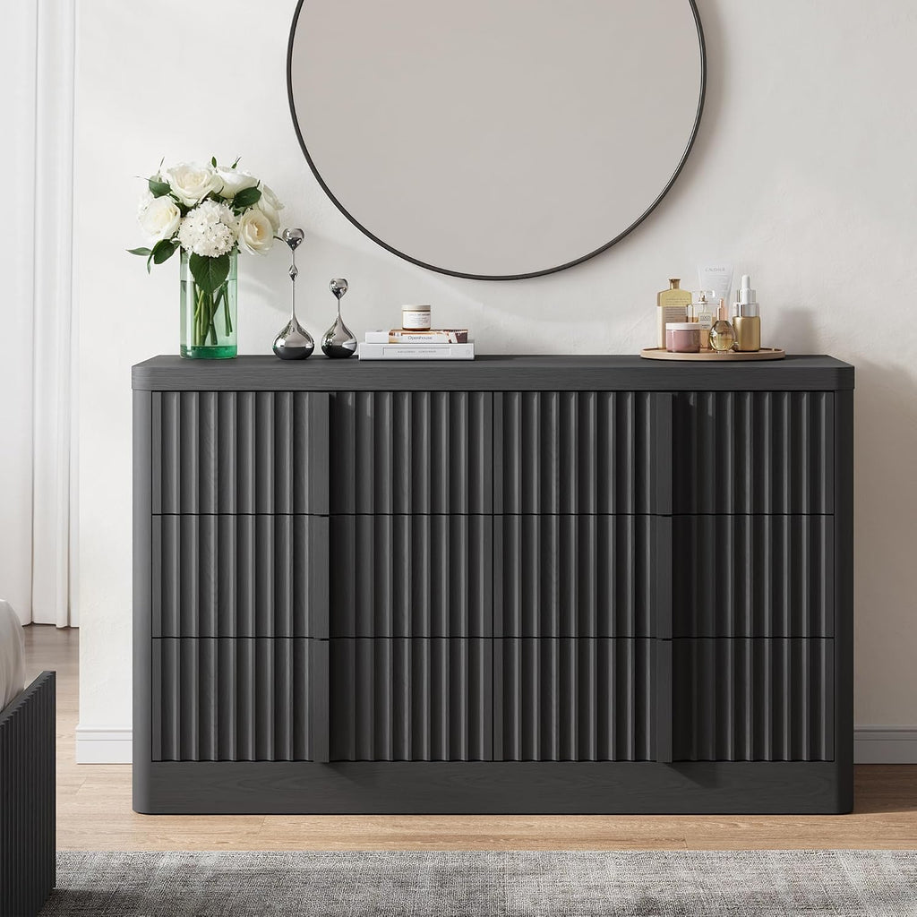 Fluted Dresser , 47" Wide 6 Drawer Dresser, Modern Chest of Drawers with Solid Wood Handle, Curved Profile Design