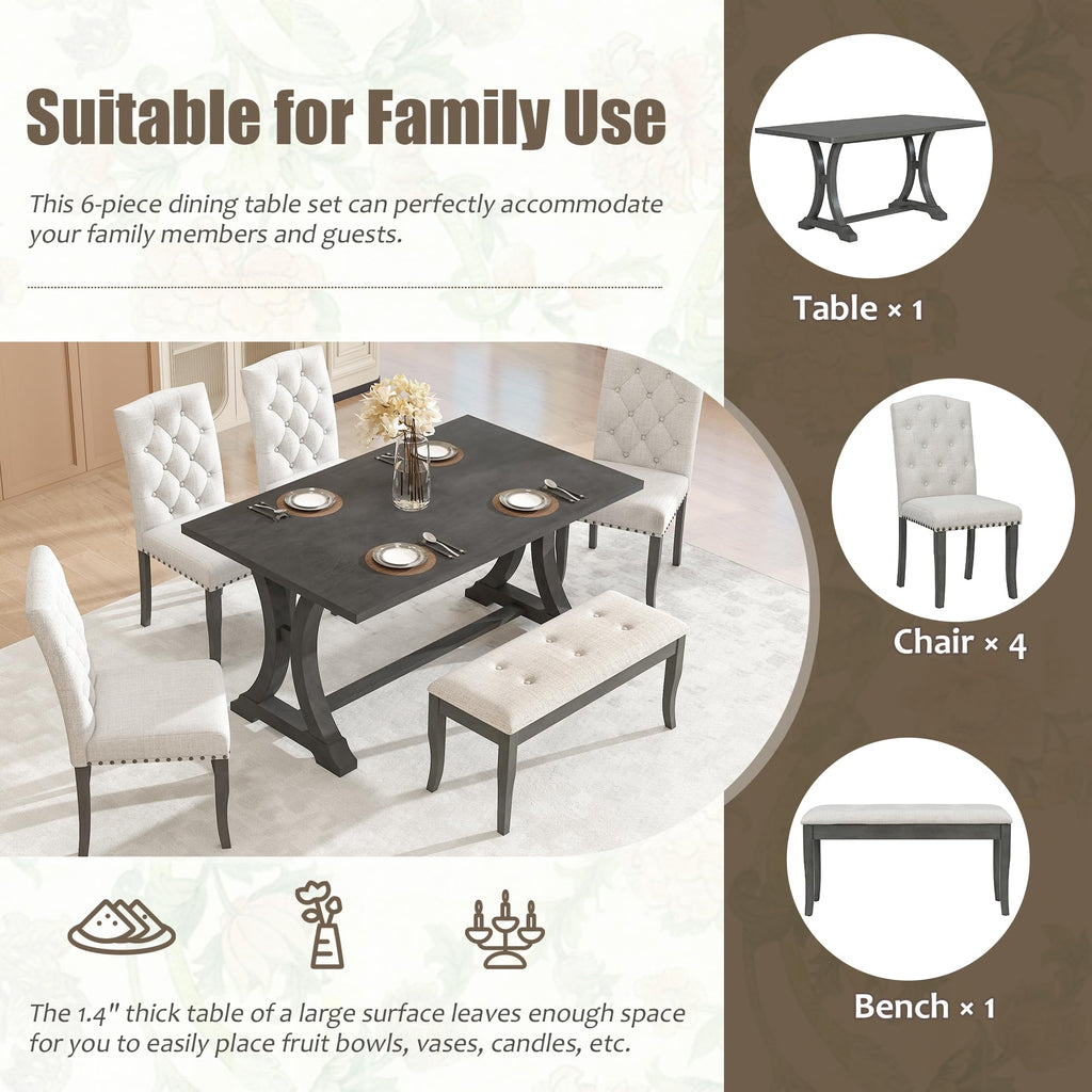 Farmhouse Dining Table Set for 6, Kitchen Table Set with Chairs and Bench, 6 Piece Solid Wood Dining Room Set with