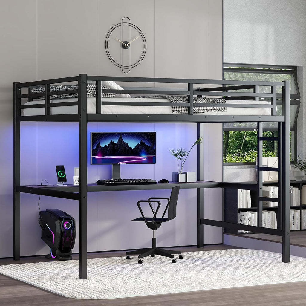 Full Metal Loft Bed with Desk and LED Lights,Heavy Duty Loft Bed Frame with Charging Station and USB for