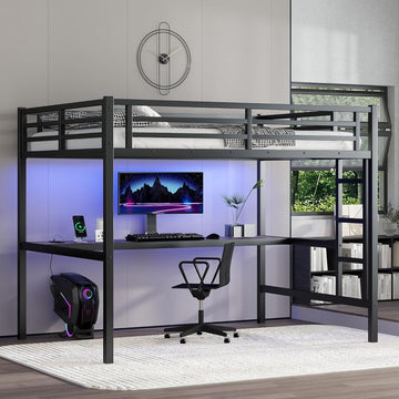 Full Metal Loft Bed with Desk and LED Lights,Heavy Duty Loft Bed Frame with Charging Station and USB for
