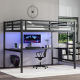 Full Metal Loft Bed with Desk and LED Lights,Heavy Duty Loft Bed Frame with Charging Station and USB for