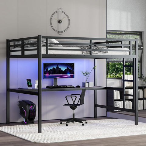 Full Metal Loft Bed with Desk and LED Lights,Heavy Duty Loft Bed Frame with Charging Station and USB for