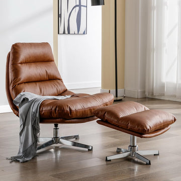 Modern Swivel Lounge Chair and Ottoman — Brown Faux Leather