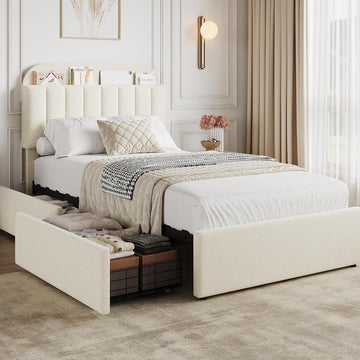 Twin Bed Frame, Platform Bed with Storage Headboard & Drawers | Boucle Upholstered Bed Frame for Kids, Bookcase
