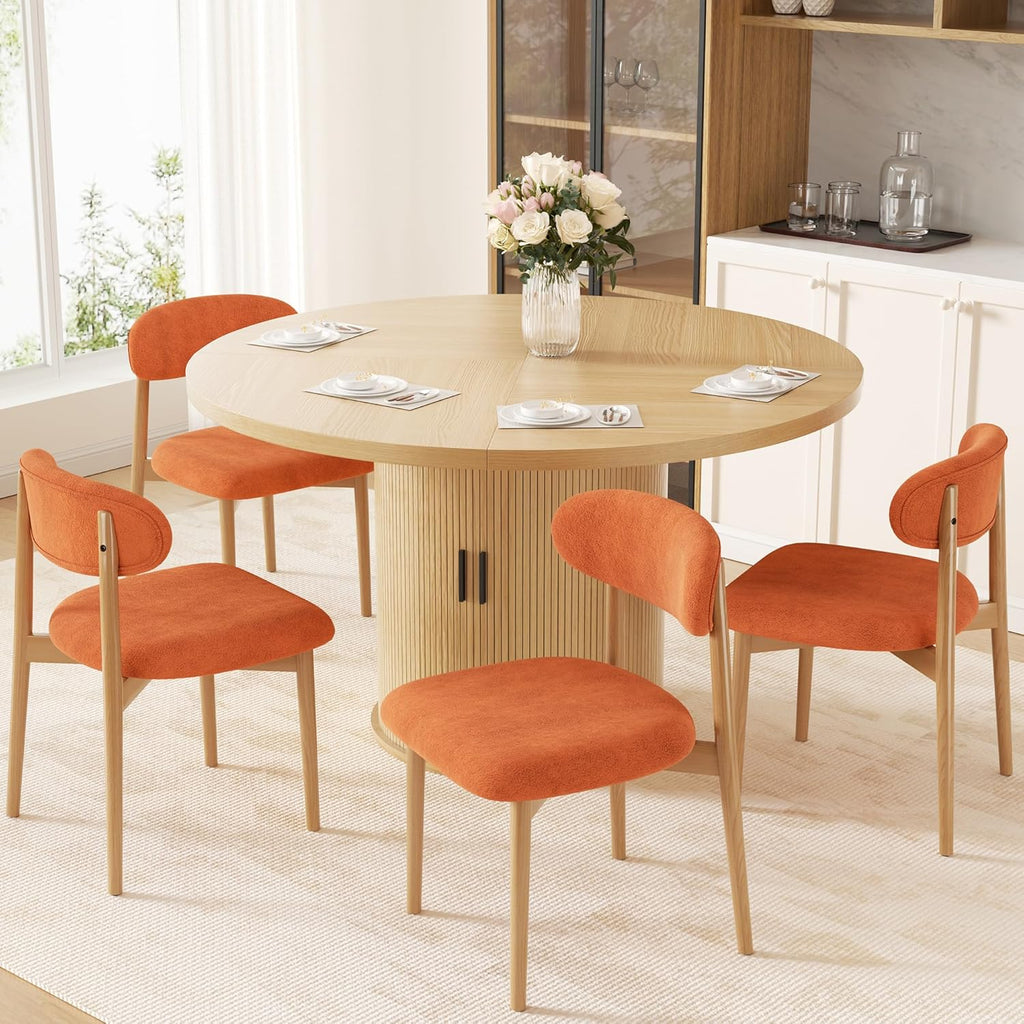 Wooden Dining Chairs Set of 4, Modern Upholstered Dining Room Chairs with Curved Back and Adjustable Legs for Farmhouse Dining or Living Room, Orange