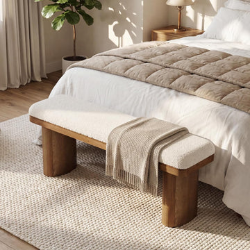 47" End of Bed Bench, Boucle Upholstered Bedroom Bench | Farmhouse Entryway Bench, Solid Wood Ottoman
