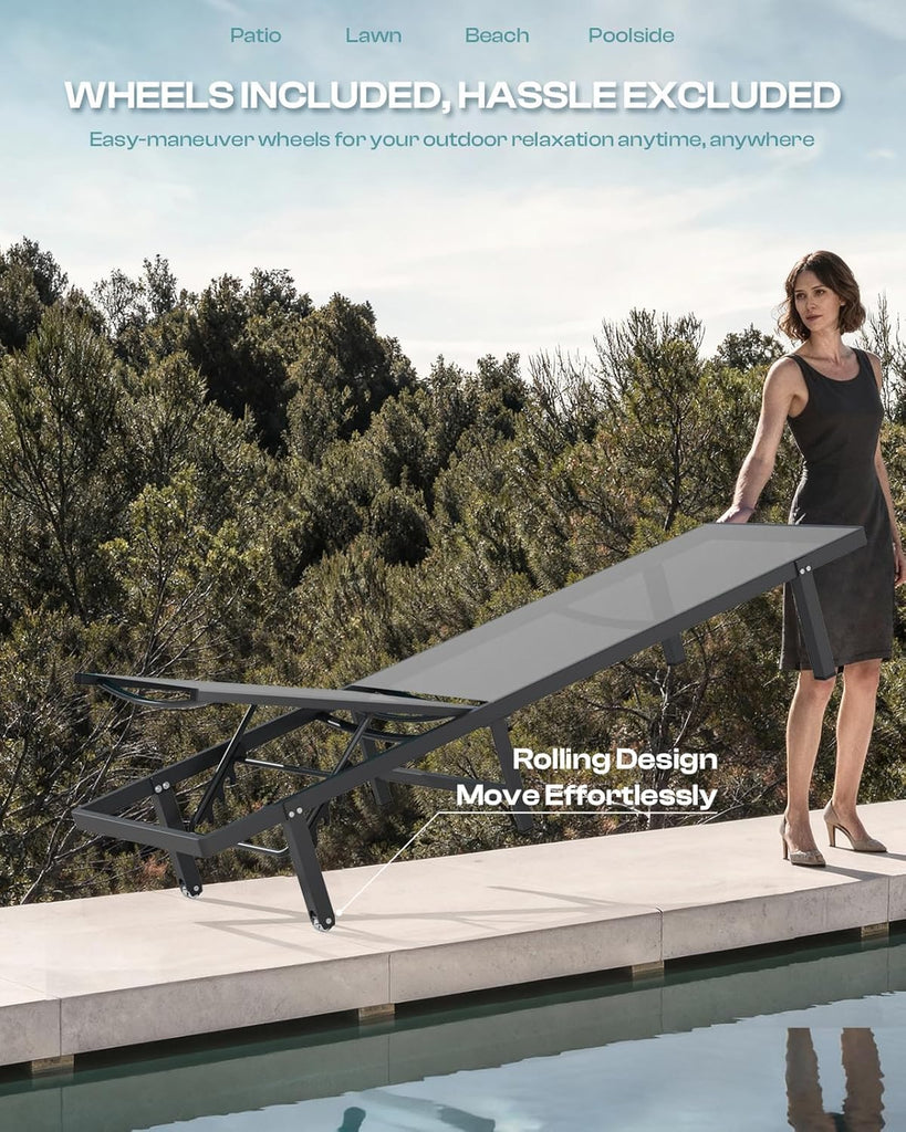 Outdoor Lounge Chairs Set of 2, Aluminum Pool Lounge Chairs with Wheels and 5-Position Recliner -Easy to Move- Patio