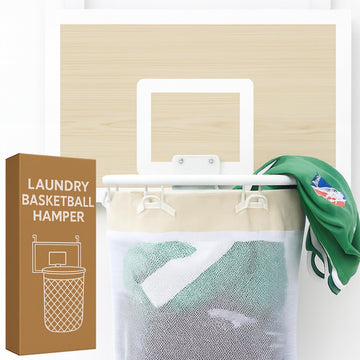 Basketball Laundry Hamper - Wooden Backboard & Mesh Hoop Laundry Basket - Over Door Hanging Organizer for Kids