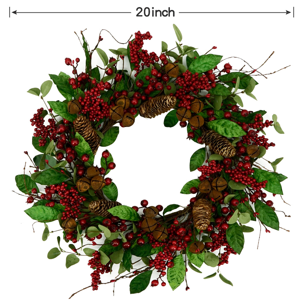 20 inch Artificial Christmas Wreath for Front Door Winter Wreath with Green Magnolia Leaves and Rusty Bells for Front