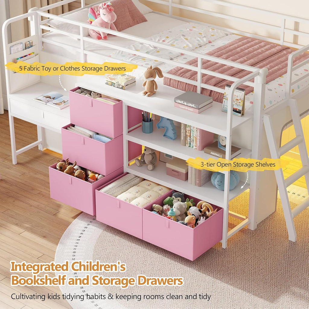 Low Loft Bed with Desk and 6 Storage Drawers Twin Loft Bed with Bookshelf,LED Lights & Under-Bed Play Space,Kids Twin
