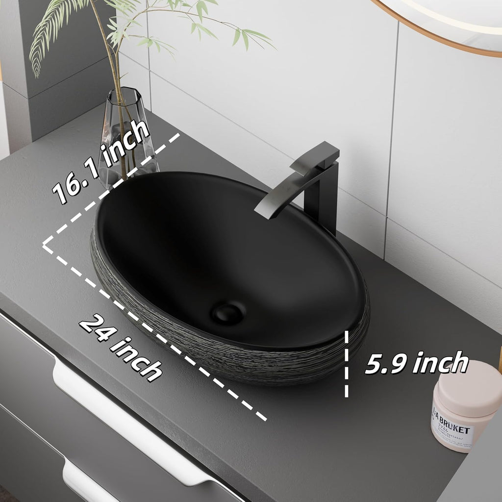 Bathroom Artistic Vessel Sink, 24x16x5.9 inch Oval Bowl Sink, Retro Ceramic Washbasin Above Counter