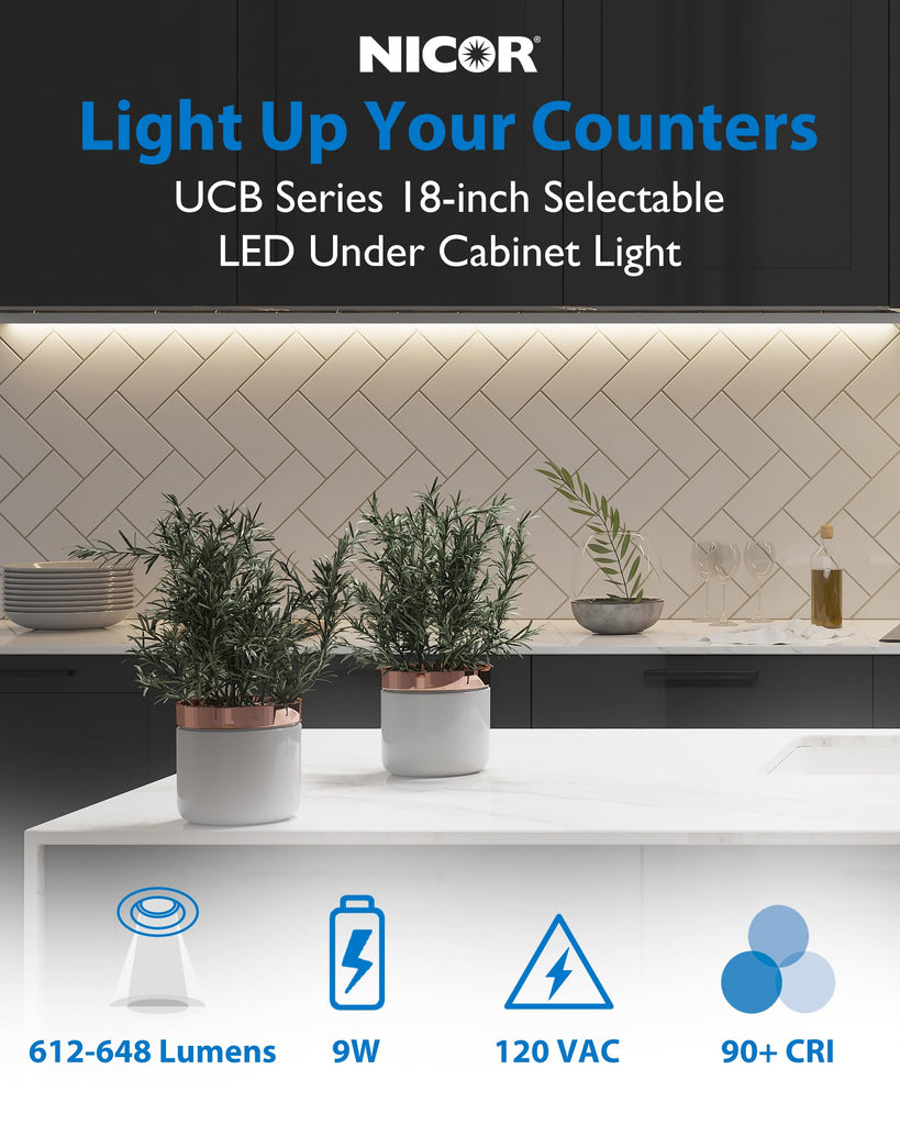 18" LED Direct Wire Under Cabinet Light with On/Off Switch - Dimmable LED Lights - Selectable CCT