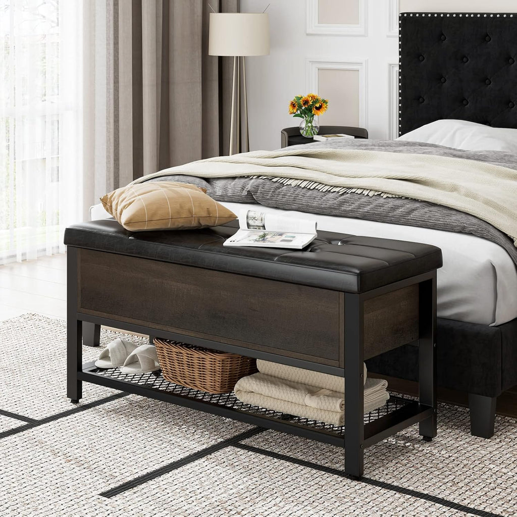 40" W Storage Bench, Entryway Shoe Bench with Cushion, Dark Brown | Wood Metal Bench with Flip-Open Hidden Storage