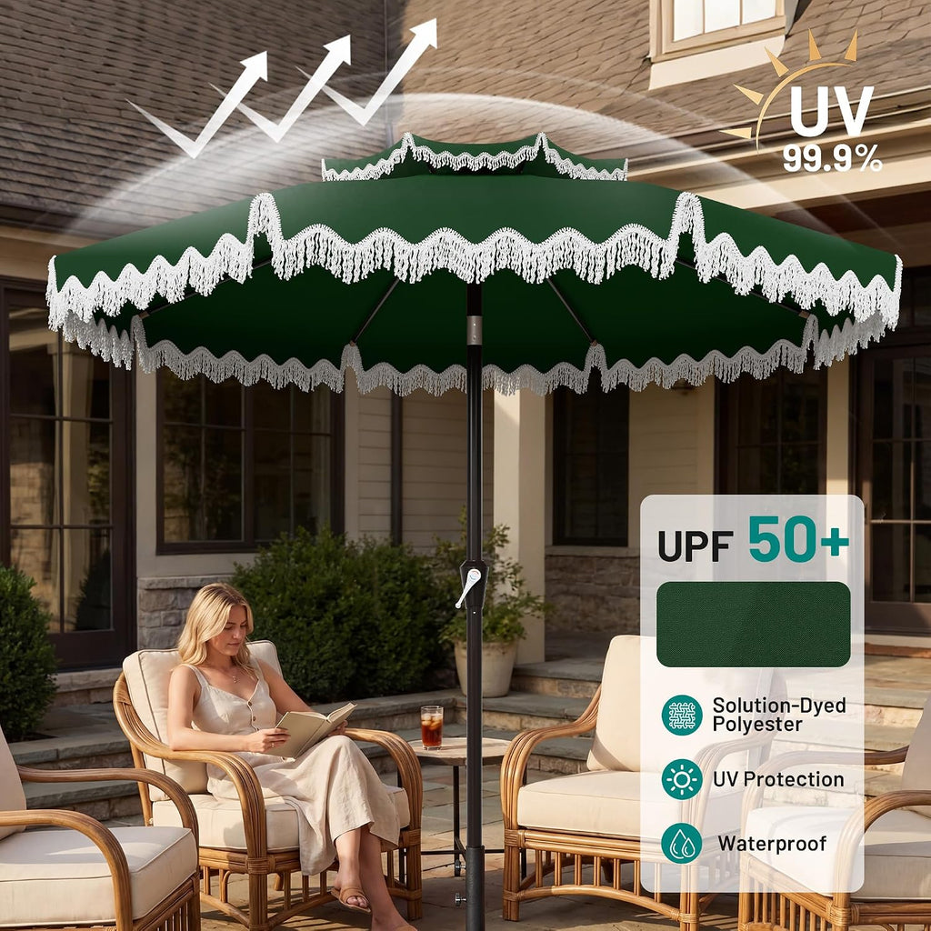 9ft Patio Umbrella with Fringe Tassels, Wind-Resistant Fiberglass Ribs - Dark Green