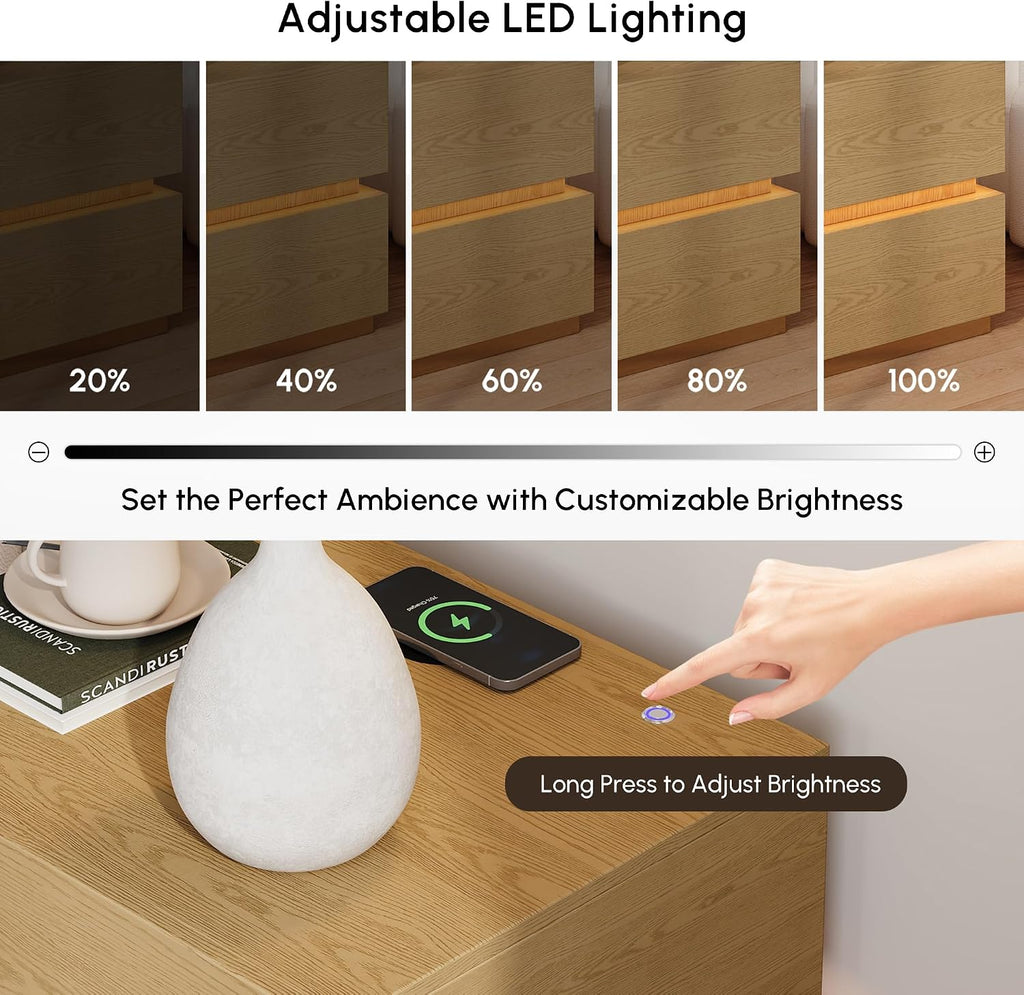 Smart Nightstand Set of 2 with Wireless Charging Station, USB & Type-C Ports, LED Light, 2 Drawers - Modern Natural