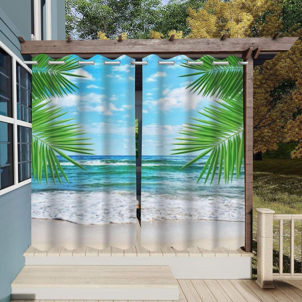 Tropical summer beach Waterproof Outdoor Curtains,palm leaves waves blue sky Print,Privacy Weatherproof Grommet