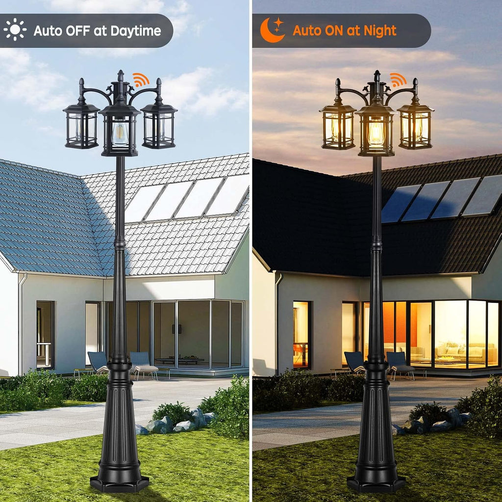 Dusk to Dawn Outdoor Lamp Post Lights, Black Light Pole with Clear Glass Panels (3 LED Bulbs Included)