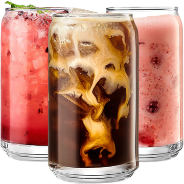 Set of 6 Patented Can Shaped Drinking Glasses - 16oz Clear Goblet Glass Cups for Margarita, Cocktails, Iced Coffee