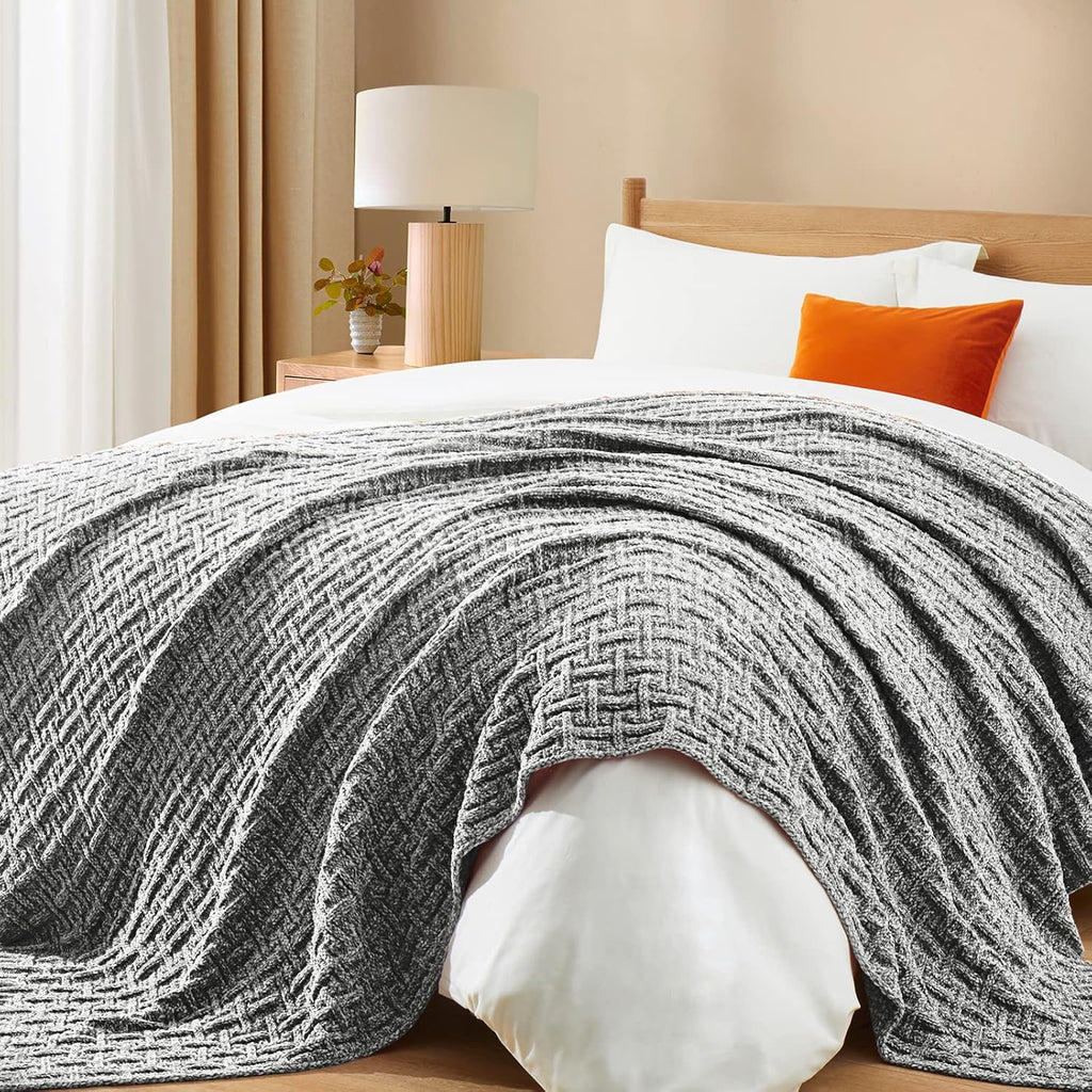 Dark Grey Chenille Knit Throw Blanket, Cozy Soft Cable Knitted Blankets, Warm Chenille Knitted Blanket for All