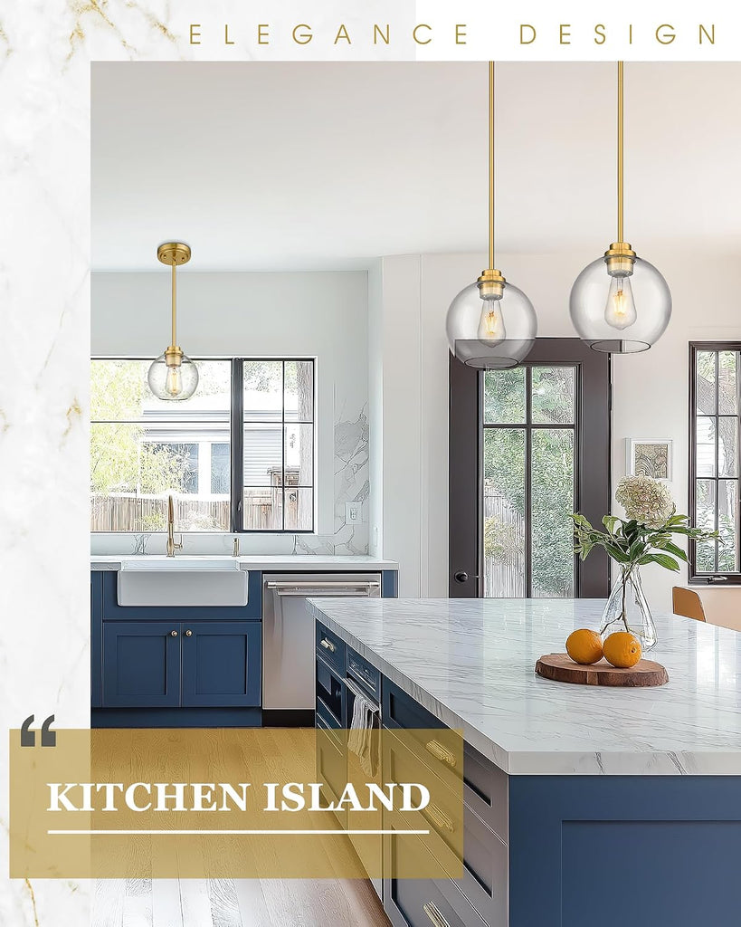 Brass Pendant Lights Kitchen Island 2 Pack, Farmhouse Gold Pendant Light with Clear Glass Globe Shade, Kitchen Island