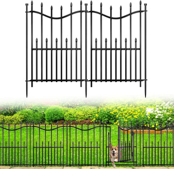 10 Panels No Dig Decorative Garden Fence with Gate, 24in(H) × 22ft(L) Heavy-Duty Rustproof Metal Panels, Outdoor Dog