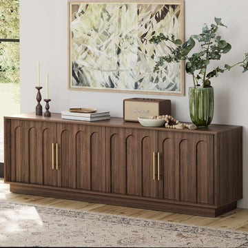 TV Stand for 75 Inch TV, Mid Century Modern TV Stand with Arched Design, Wood Grain Finish, Media Console with Adjustable Shelves, 67" Entertainment Center for Living Room Bedroom, Walnut