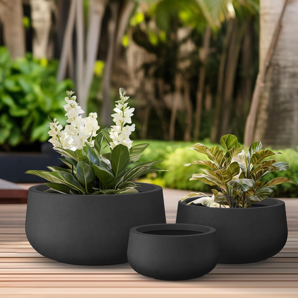 Set of 3 Black Concrete Bowl Planters 19.6" 16" 19.6" Dia | Drainage for Outdoor, Rubber Plug for Indoor Home