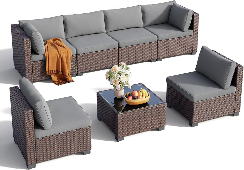 7 Pieces Outdoor Patio Furniture Set, PE Rattan Outdoor Wicker Sectional Furniture Sofa Set, with Cushions and Glass