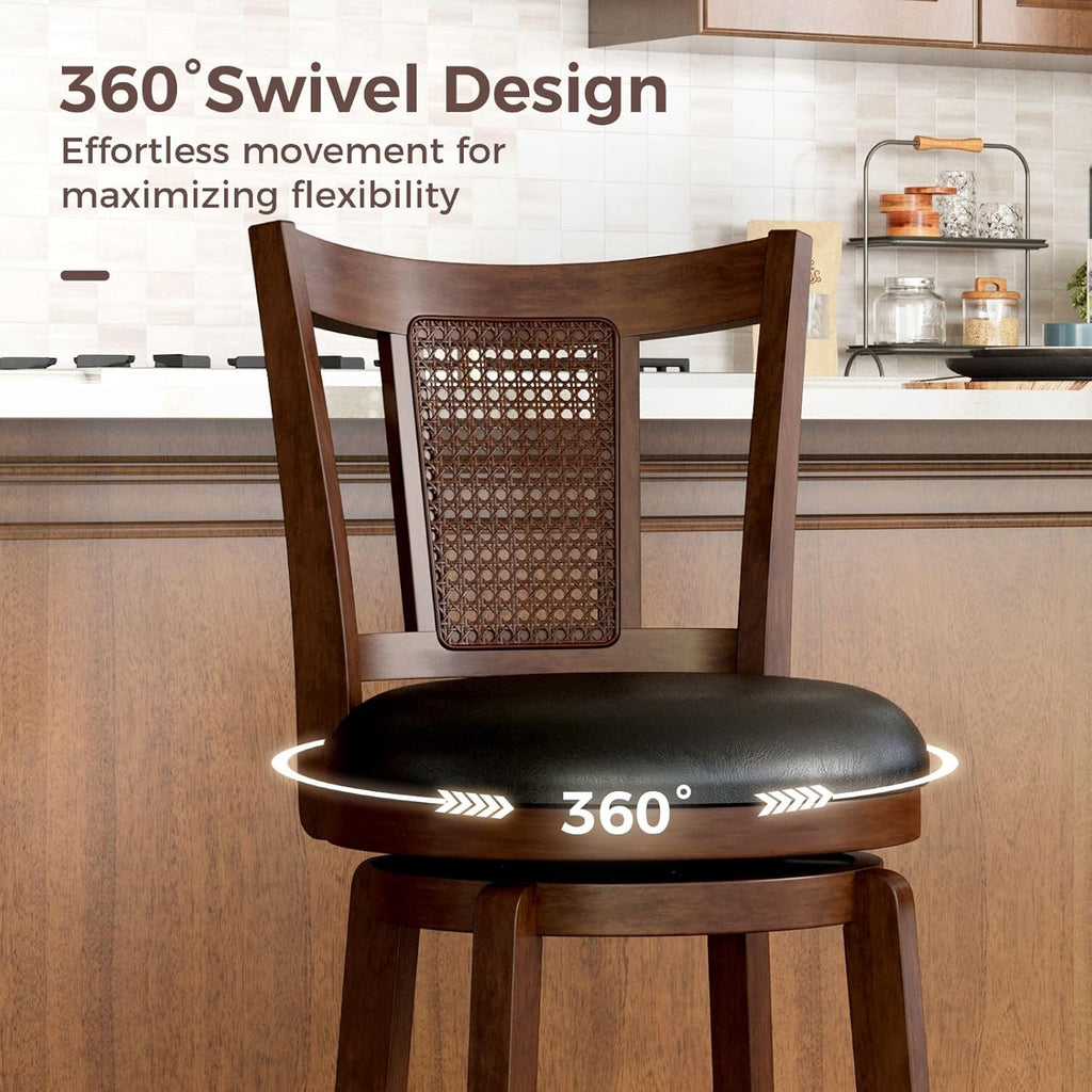 Swivel Bar Stools Set of 4, 26 Inch Counter Height Bar Stools, PU Leather Wood Bar Chairs with Backrest & Wrap-Around