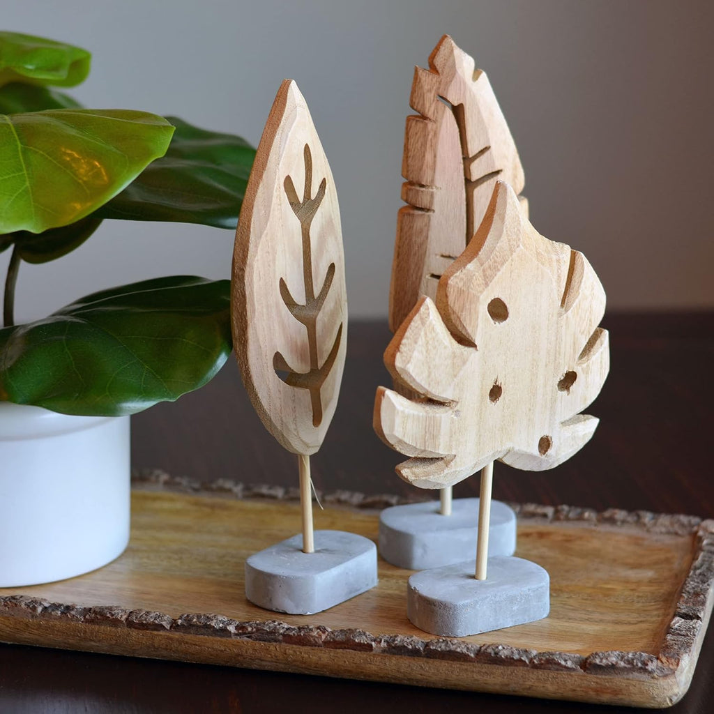 Modernist Leaf Figurines, Set of 3, Hand Carved, Solid Wood, Post Mounted, Grey Gallery Base, 7.75 Inches Each