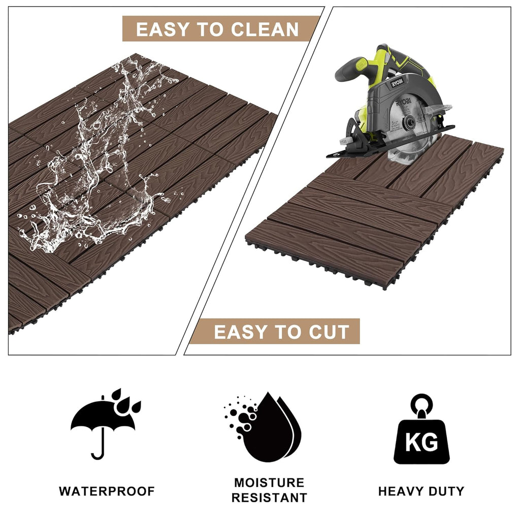 Composite Interlocking Deck Tiles Outdoor, 12"x12" Waterproof Decking Tiles Outdoor, Straight Grain Outdoor Deck Tiles