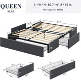 Queen Platform Bed Frame with 3 Storage Drawers, Fabric Upholstered, Wooden Slats Support, No Box Spring Needed