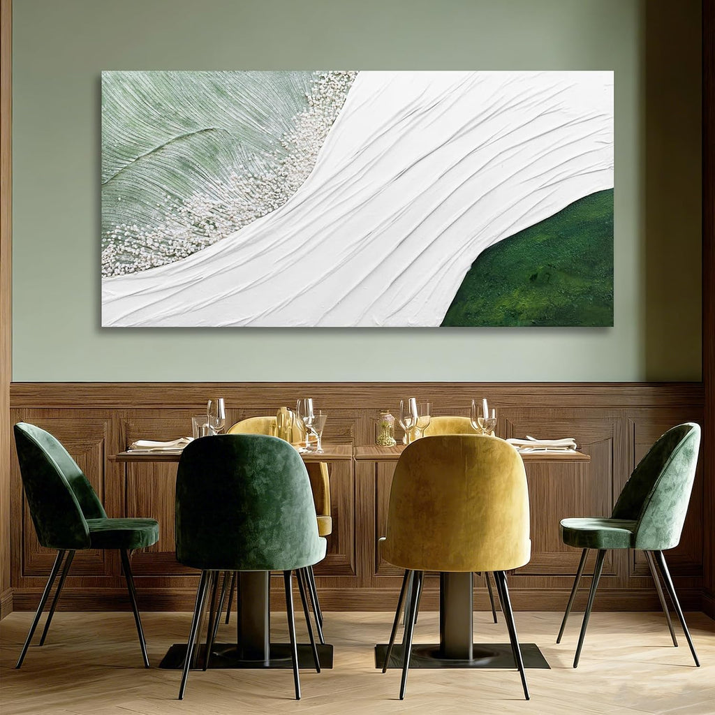 Contemporary Abstract Nature-Inspired Canvas Wall Art with White Flowing Lines and Green Accents, Minimalist Textured