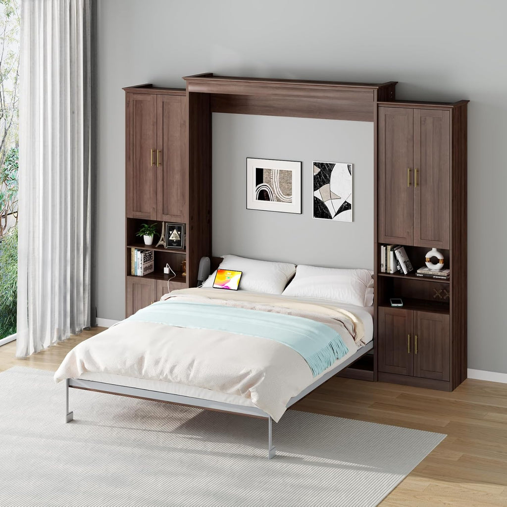 Murphy Bed Queen with 2 Side Cabinet Storage Shelves, Queen Wall Bed Cabinet with USB Port, Wood Foldable Platform