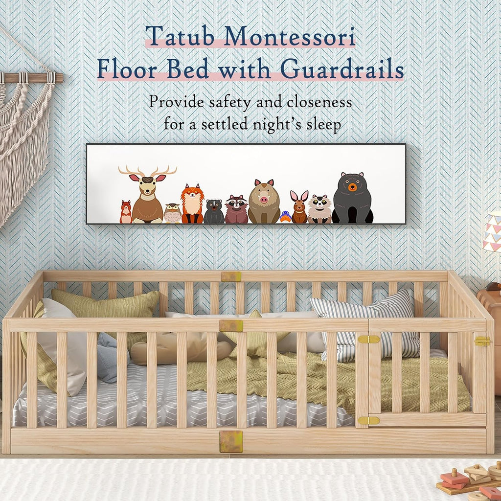 Twin Montessori Floor Bed with High Rails, Solid Wood Montessori Bed Frame for Kids, Door Can Install Left and Right