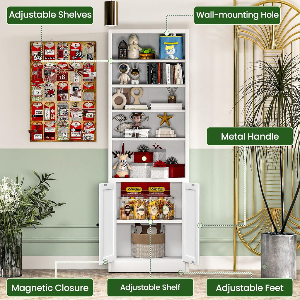 71" Metal Bookcase with Adjustable Shelves 7 Tier Bookshelf with Doors,Tall Display Cabinet Industrial Bookshelves
