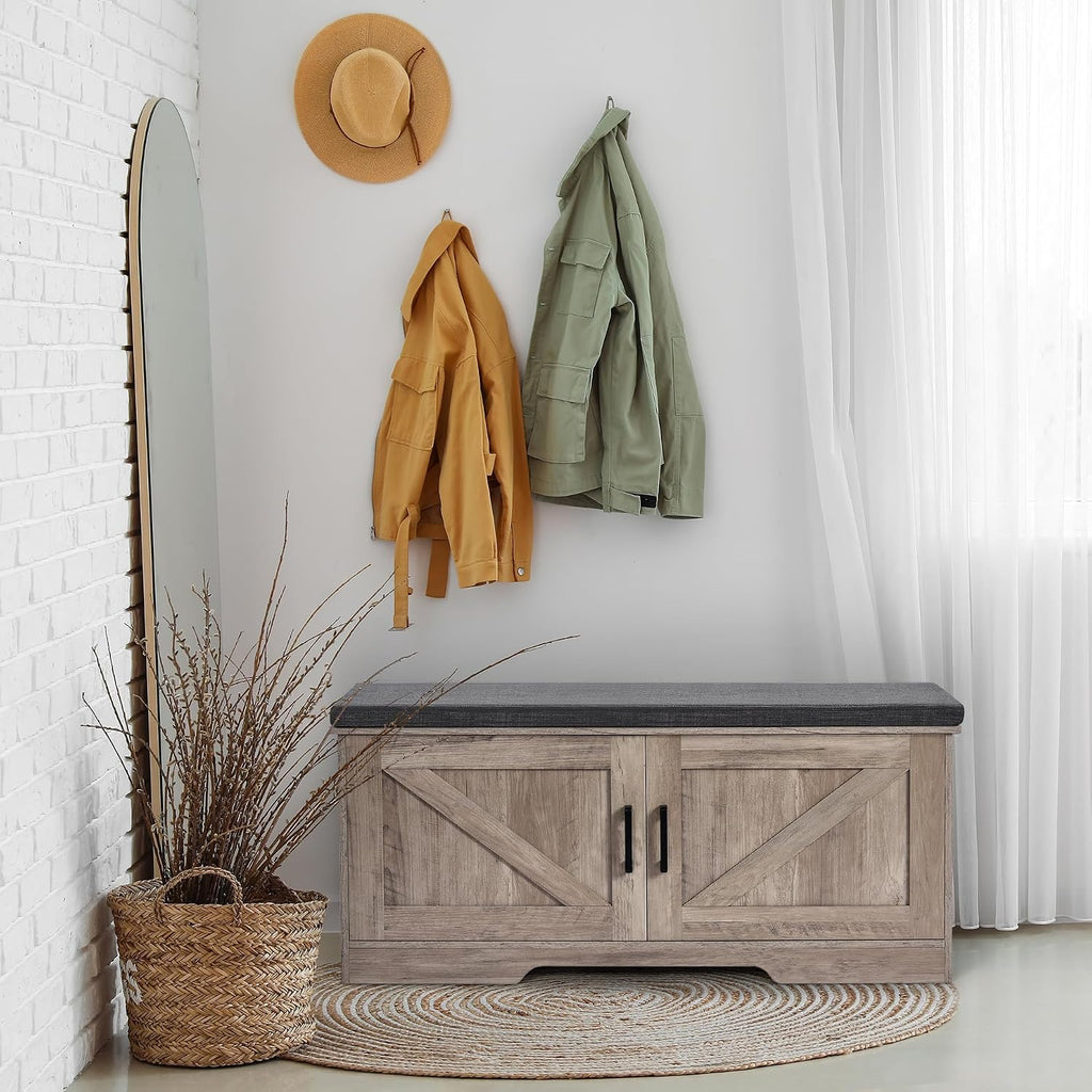 Farmhouse Shoe Storage Bench with 2 Barn Doors & Padded Seat Cushion | 39.4" Wide Entryway Bench with Adjustable