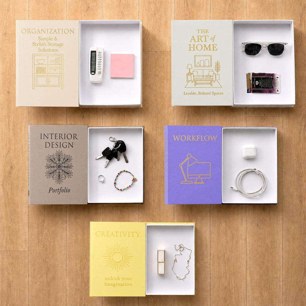 Decorative Books Set of 5 with Hidden Storage & Magnetic Closure - Oxford Linen Faux Books with Gold Foil Embossing |