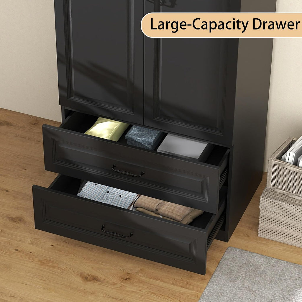 Armoire Wardrobe Closet with Drawers: Bedroom Armoires with Hanging Rod, Wooden Closet Cabinet for Hanging Clothes