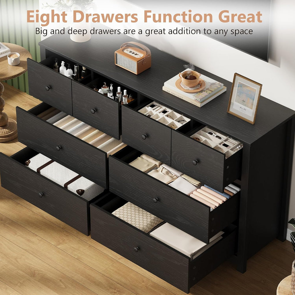 Black 8 Drawer Dresser, Large Modern Dresser for Closet, Bedroom | Storage Chest with Large Drawers & Wide Top