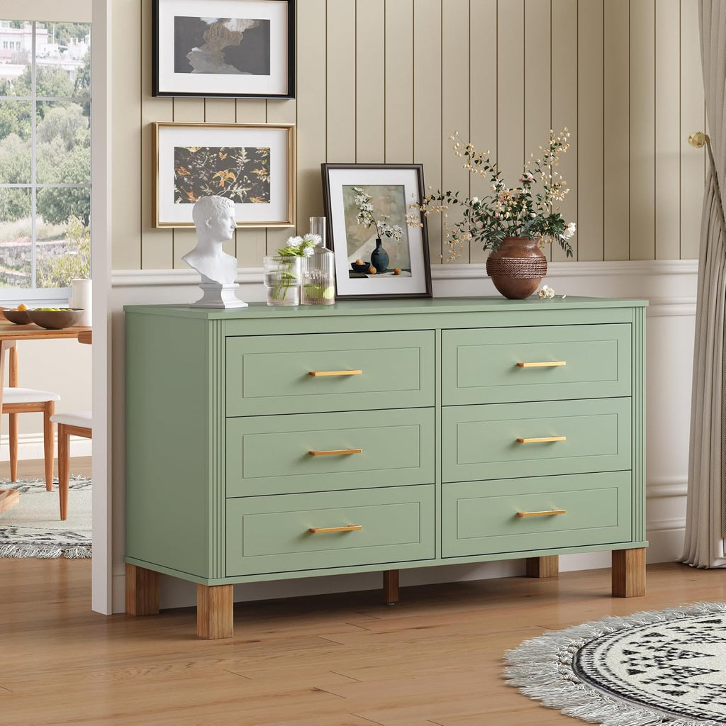 Modern 6 Drawers Double Dresser with Metal Handles for Bed Room, Sage Green | Dresser Chest of Drawers with Solid