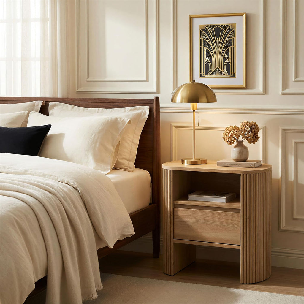 Fluted Nightstand with Drawer, Wood Bedside Table with Storage Shelf, Night Stand , Small Side Table , Modern End