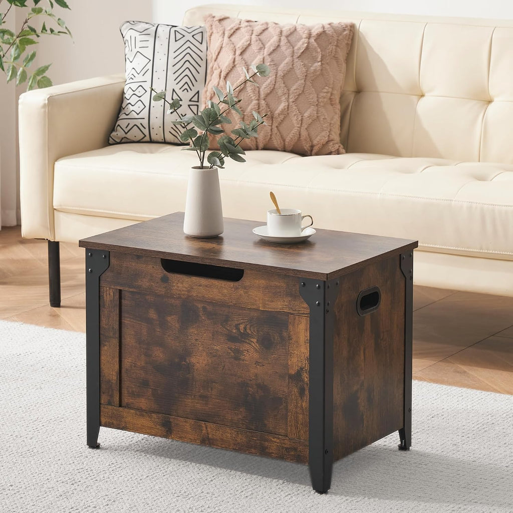23.6" Storage Bench with 2 Safety Hinges, Rustic Brown | Retro Wooden Storage Chest, Loads 300 lb, Easy Assembly